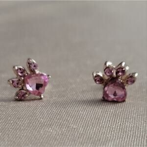 Pink and gold tone cat paws crystal earrings